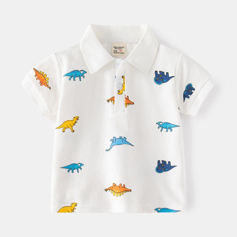 Children's Clothing Summer Cartoon Dinosaur Print Boys' Polo Shirt Kidsren's Casual Lapel Pique Cotton Baby Short-Sleeved Top