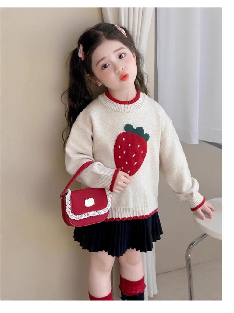 Girls' 2025 Autumn/Winter Strawberry Knit Sweater - Thick, Stylish Baby & Little Girl Top