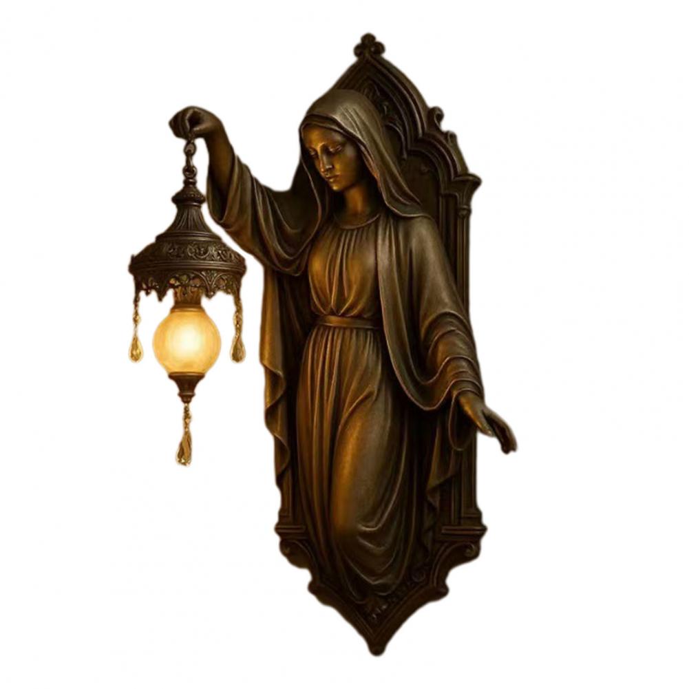 Vintage Mermaid Wall Lamp Artistic Home Office Living Room Bedroom Virgin Mary Resin Statue Wall Sconce Decor Home Night Light