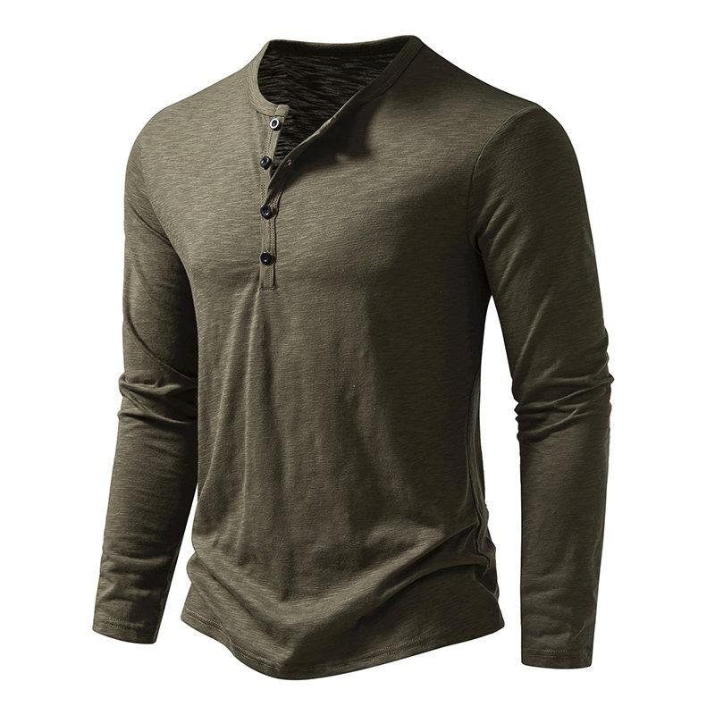 Mens Loose Slub Cotton Henley Collar Long Sleeve Casual T Shirt