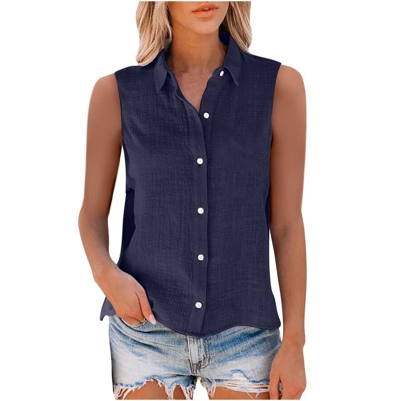 Summer Fashion Sleeveless Women Shirt Lapel Loose Casual Simple Office Blouse Plus Size Ladies Solid Color Elegant Basic Tops Clothing