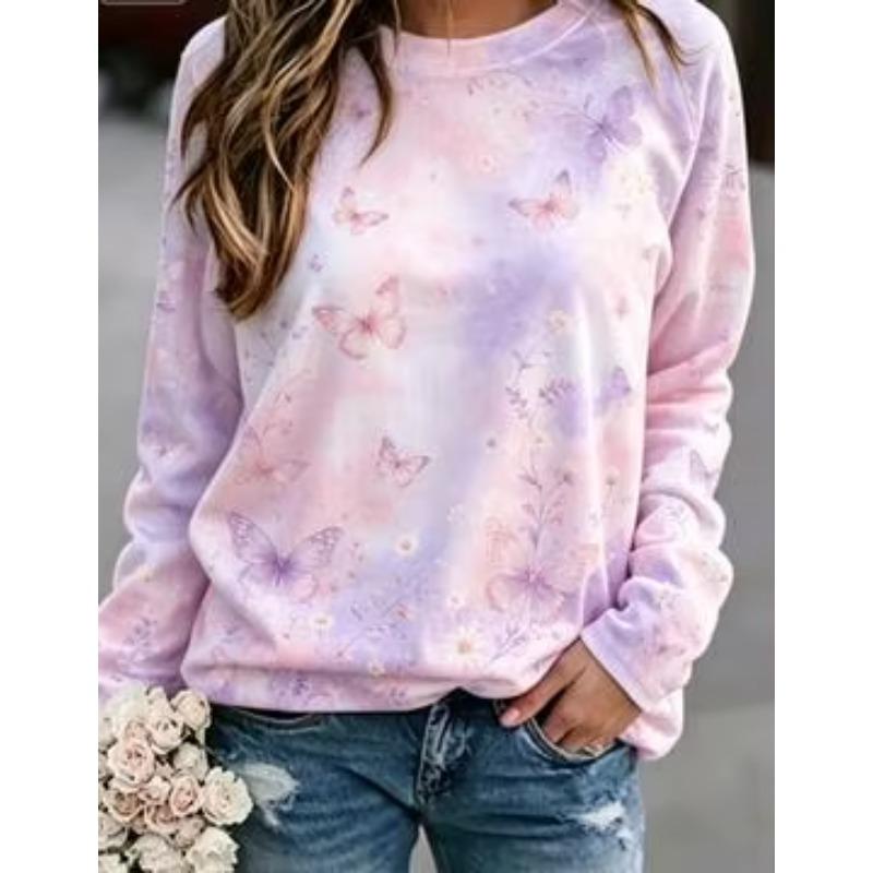 Autumn and Winter Ladies Butterfly 3D Printed Crew Neck Long Sleeve T-Shirt
