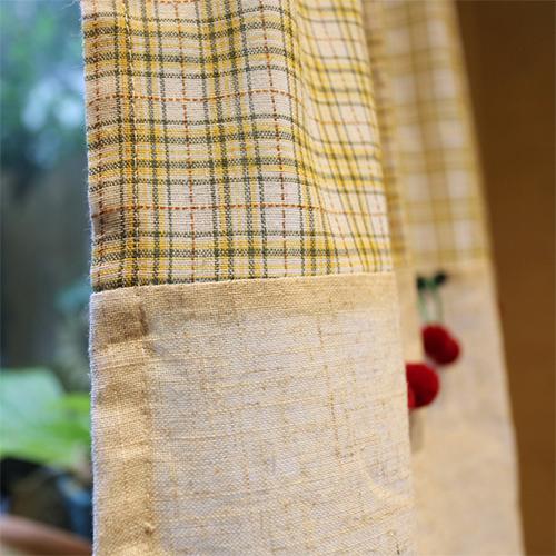 1PC LOZUJOJU Beige Checkered Cherry Decoration Short Curtain Rod Pocket Partition Curtain for Kitchen Living Room Bedroom Cupboard Home Decor