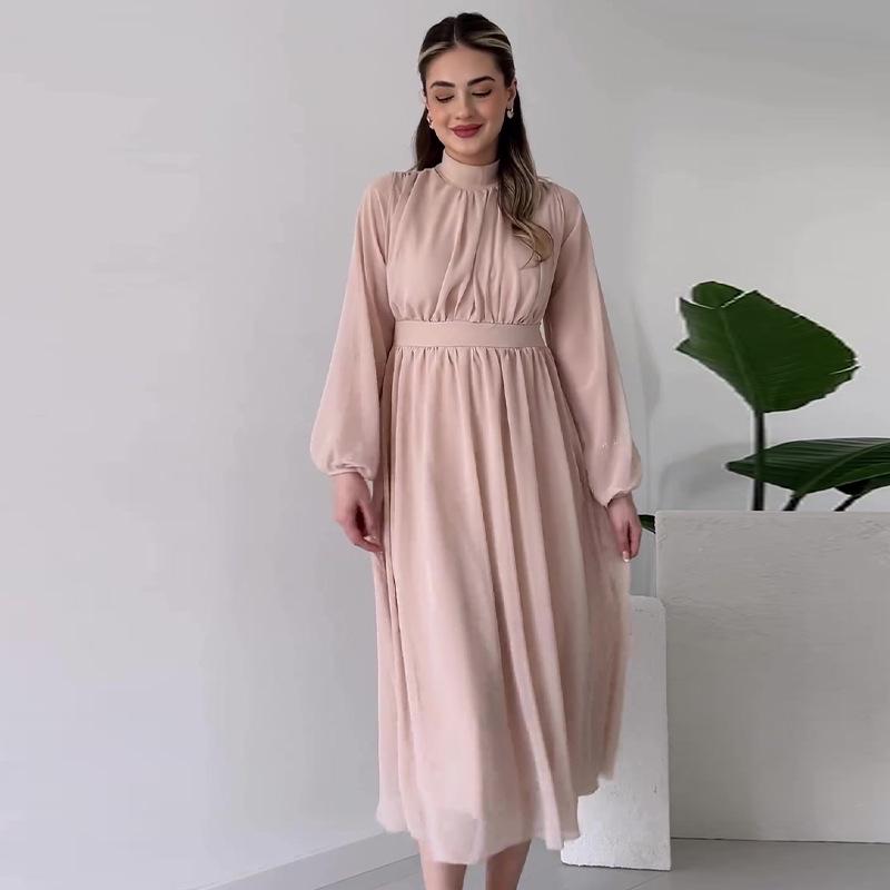 2024 Herbst Damen Einfarbig Rundhals Rüschen Langkleid