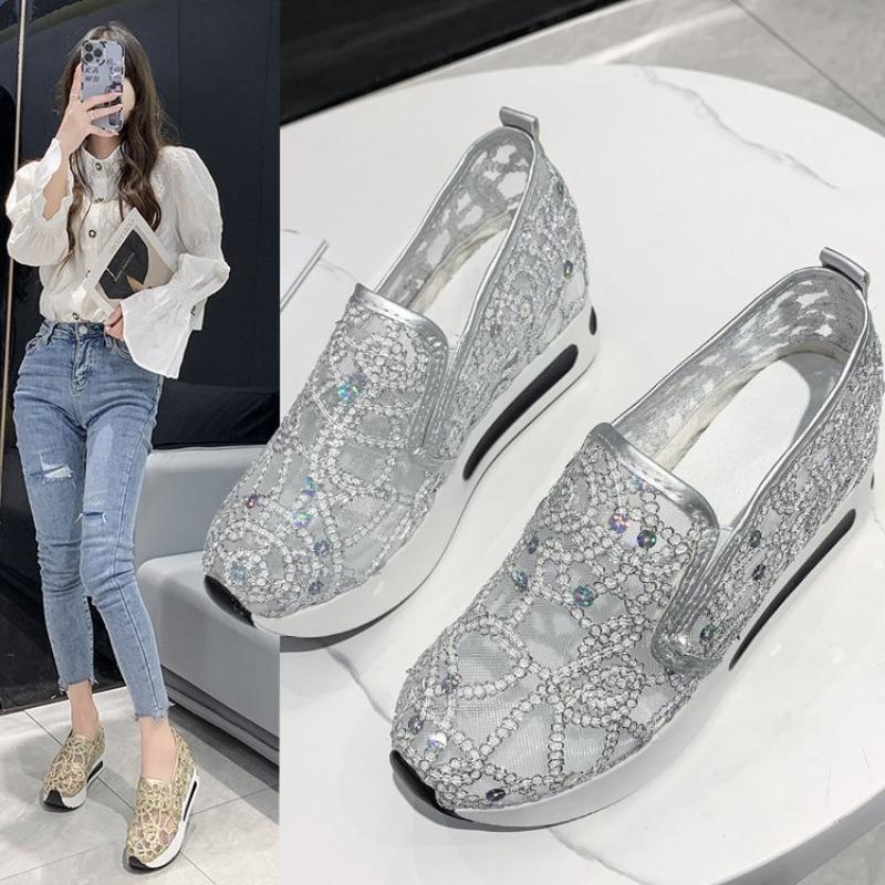 Large size mesh sports single shoes women's summer breathable rhinestone platform sandals women
