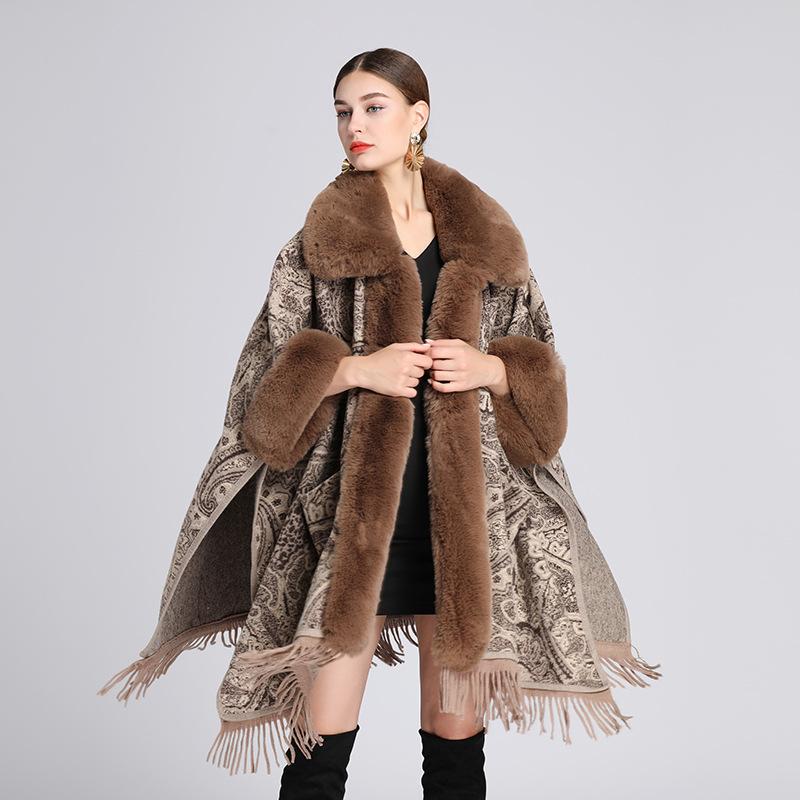Winter Women's Shawl Cape Jacket Fur Collar Jacquard Loose Tassel Large Size Seven-point Sleeves Tweed Jacket