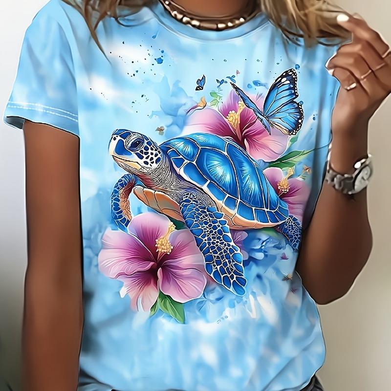 Dámské tričko Želva 3D potisk Krátký rukáv Módní Ležérní Street Kulatý výstřih Nadměrná velikost Vysoká kvalita Letní dámské oblečení