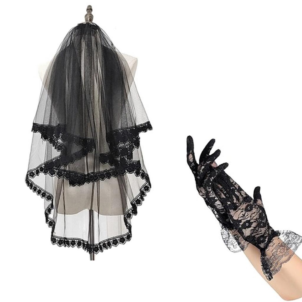 Geheimnisvolle Dame Halloween Schwarzer Spitzen Schleier und Handschuhe Set Atmungsaktive und Bequeme Kopfbedeckungen Party Kopfschmuck