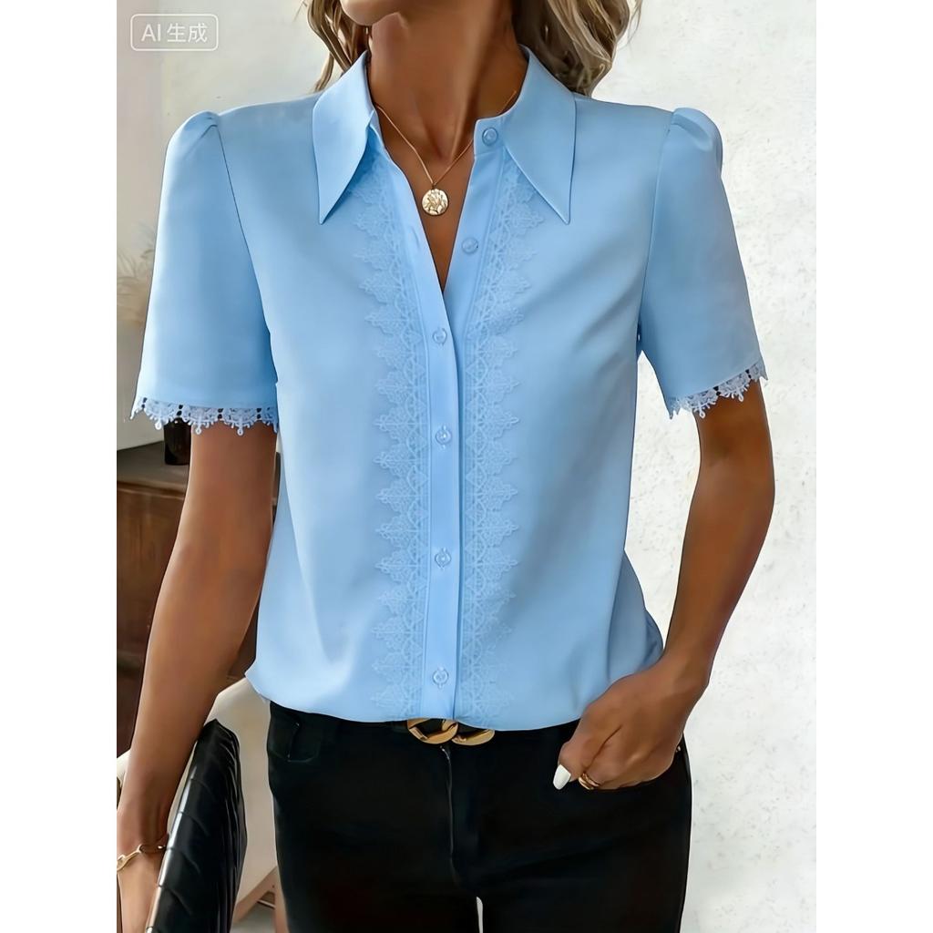 Elegant Lace Trim V-neck Women's Blouse Commute Casual Top Fashion European American Style New Arrival