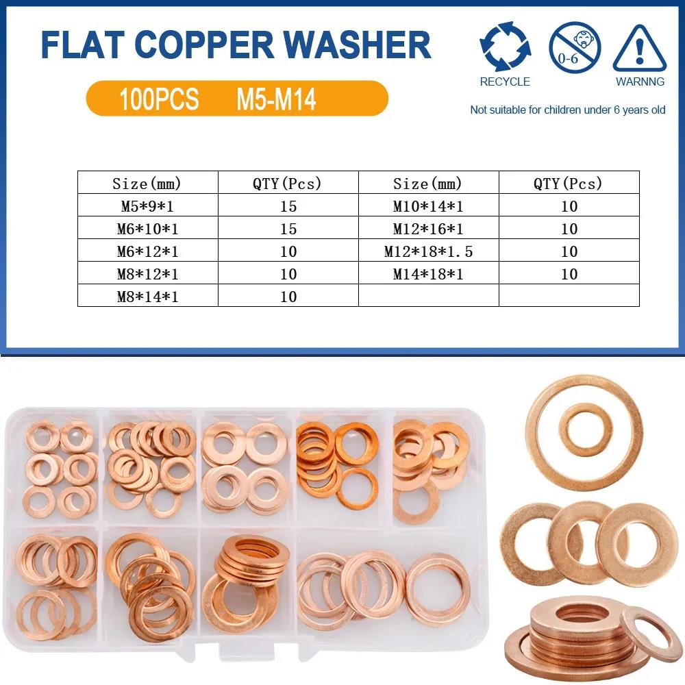 Solid Pure Copper Flat Washers Gasket Seal Ring M5 M6 M8 M10 M12 M14 M16 Metric Crush Washers For Sump Plug Oil Pipe Boat Repair Oil Drain Plugs 3