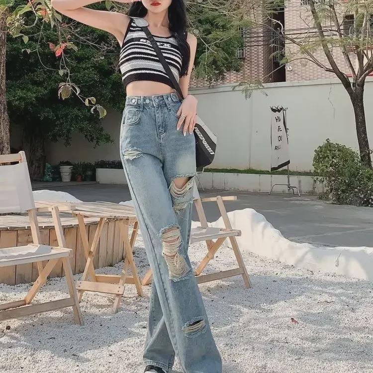 Women's High-Waisted Loose-Fit Wide-Leg Ripped Jeans - Summer 2023 Trend