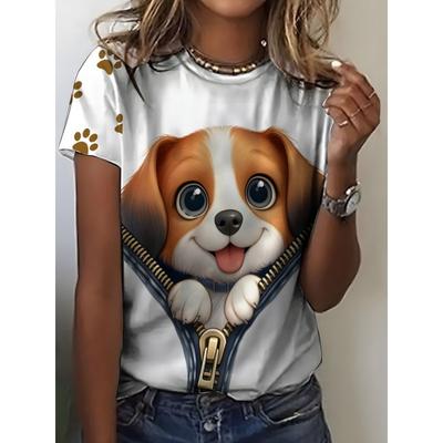 Women'S Cute Husky Print Short Sleeve T-Shirt, Casual Crew Neck Polyester Top, Soft Comfortable Knit Fabric with Slight Stretch