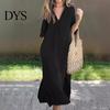 Lightweight Women Dress Summer Deep V Neck Three Quarter Sleeves Ankle Length Solid Color Thin Loose Side Slit A-line Casual Daily Vacation Beach Maxi