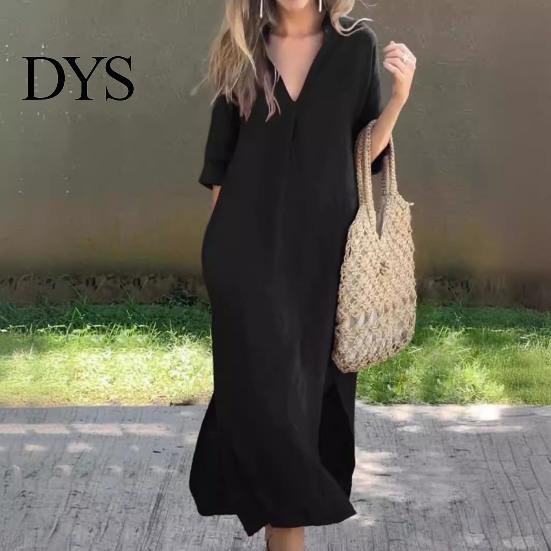 Lightweight Women Dress Summer Deep V Neck Three Quarter Sleeves Ankle Length Solid Color Thin Loose Side Slit A-line Casual Daily Vacation Beach Maxi