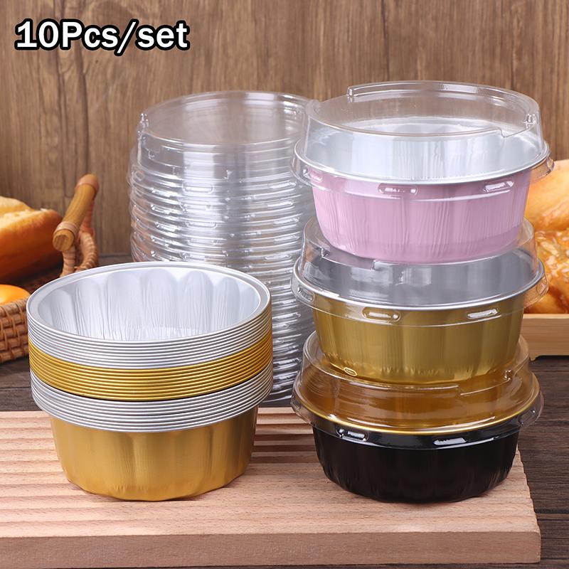 10Set 250ml Aluminum Foil Cake Container With Lid Heat-Resistant Baking Cup Pan Kitchen Tool