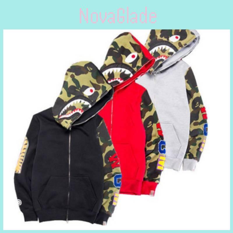Trendiger Hai-Camouflage Reißverschluss-Hoodie Für Damen Und Herren Aus Bequemem Baumwollmischgewebe