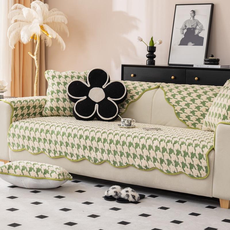 Houndstooth Plush Sofa Cushion Winter New High-end Thickened Non-slip Cushion Leather Sofa Cover Cover Cloth Towel