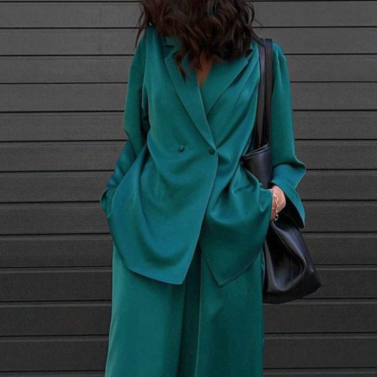 2 Teile/satz Frauen Mantel Hosen Anzug Formale Business Stil Einfarbig Lange Ärmel Lose Umlegekragen Breites Bein Gerade dame Mantel Hosen Set