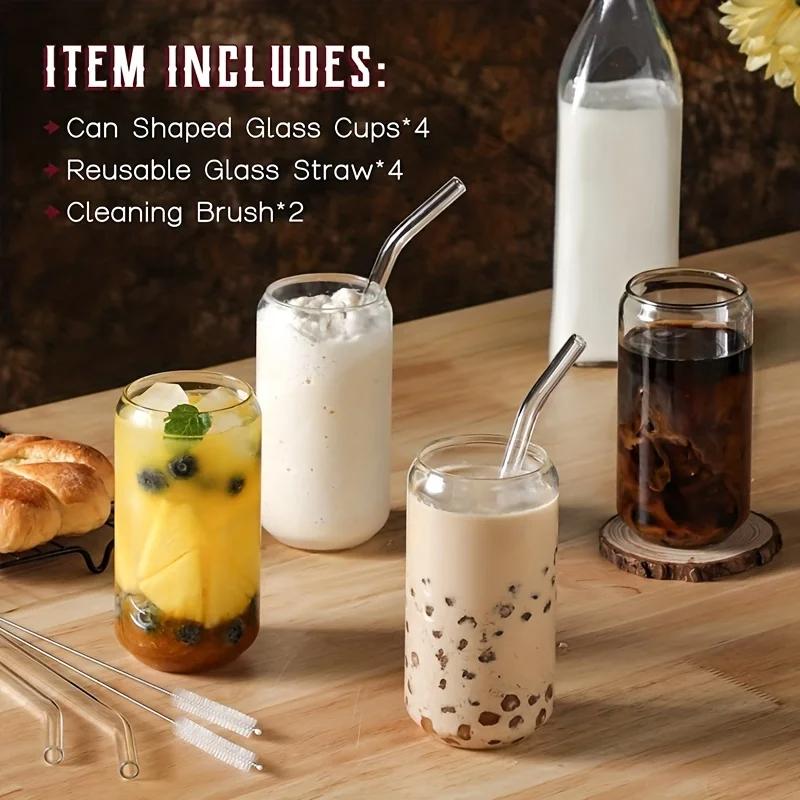 Glass Beer Cups Set Comes With Straw And Cleaning Tools Transparent Beverage Milk Tea Coffee Cup Suitable For Home Bar Parties