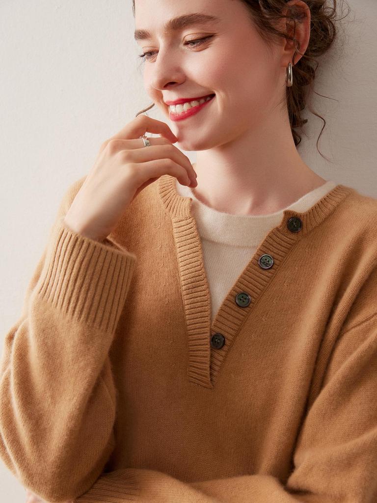 Autumn/Winter Women's Cashmere Knit Henley Shirt: Stylish, Versatile, Soft & Comfortable Fake Two-Piece Base Layer.