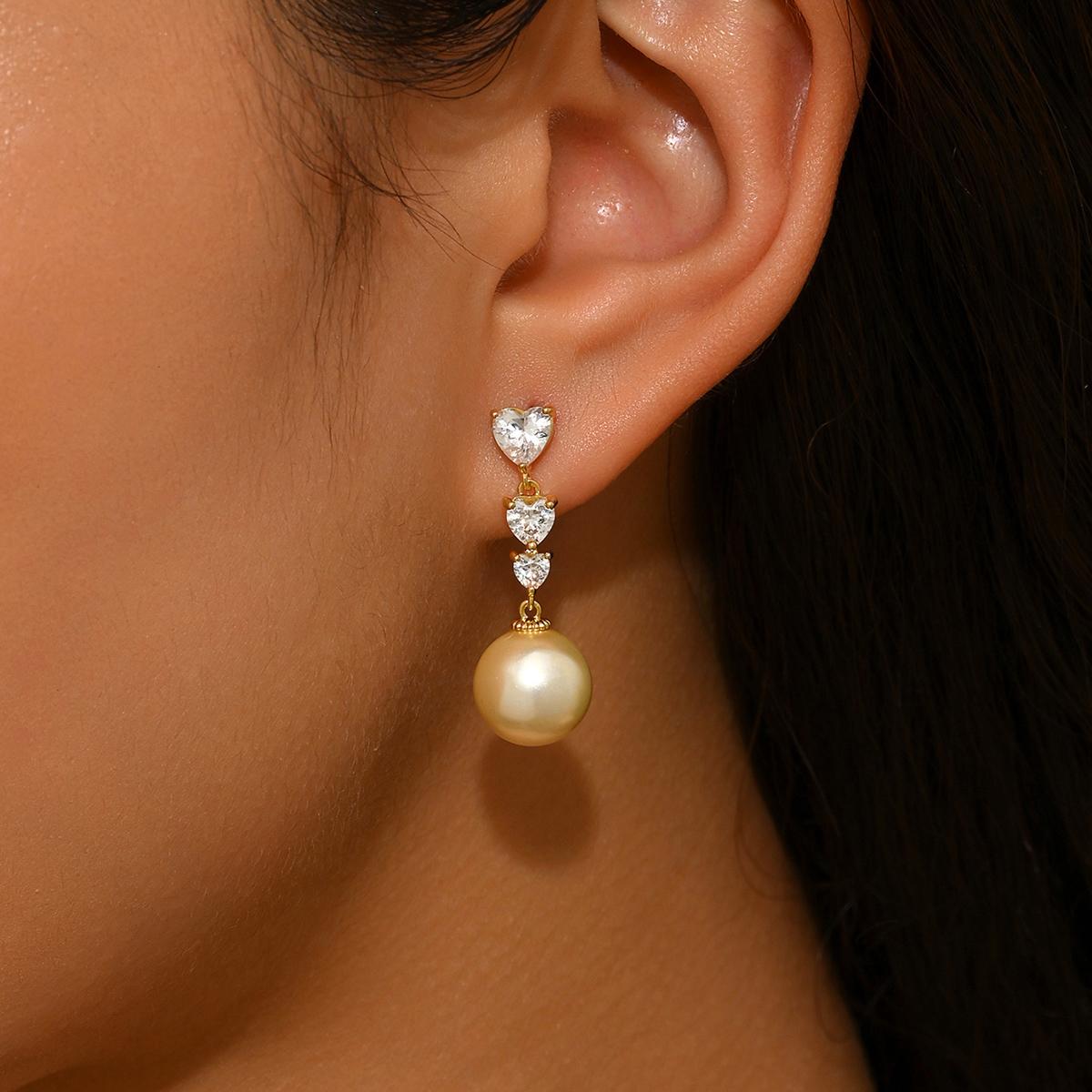 

Trendy Gold Tone Pearl Dangle Earrings Heart Cut CZ Accent Earrings Perfect for Daily Wear and Party 10mm Pearl Size