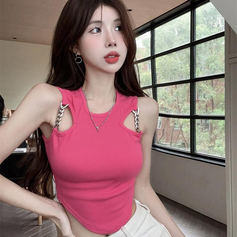 Women Irregular Crop Top Chain Strap Design Slim Sleeveless Tank Top