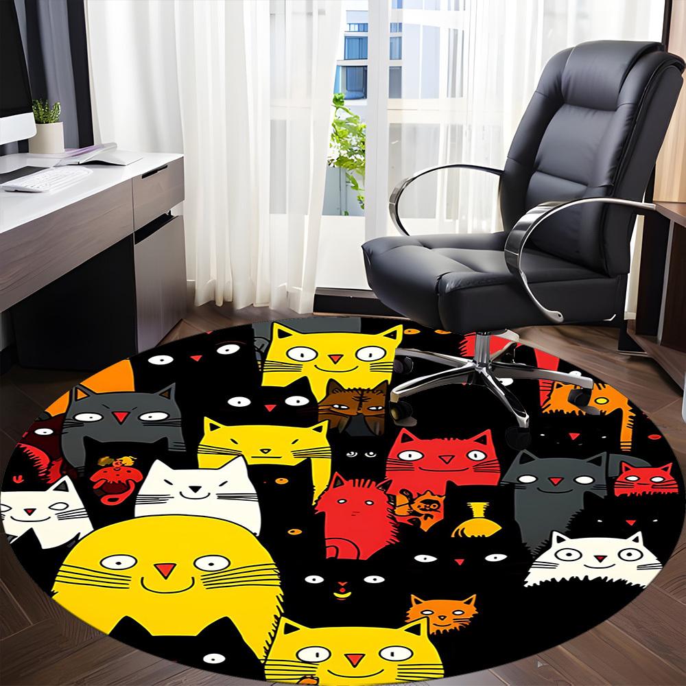 1PC Cat Pattern Office Round Area Rug, Mat Suitable For Office, Under Office Chairs Bedroom Living Room Home Decor, Room Deco