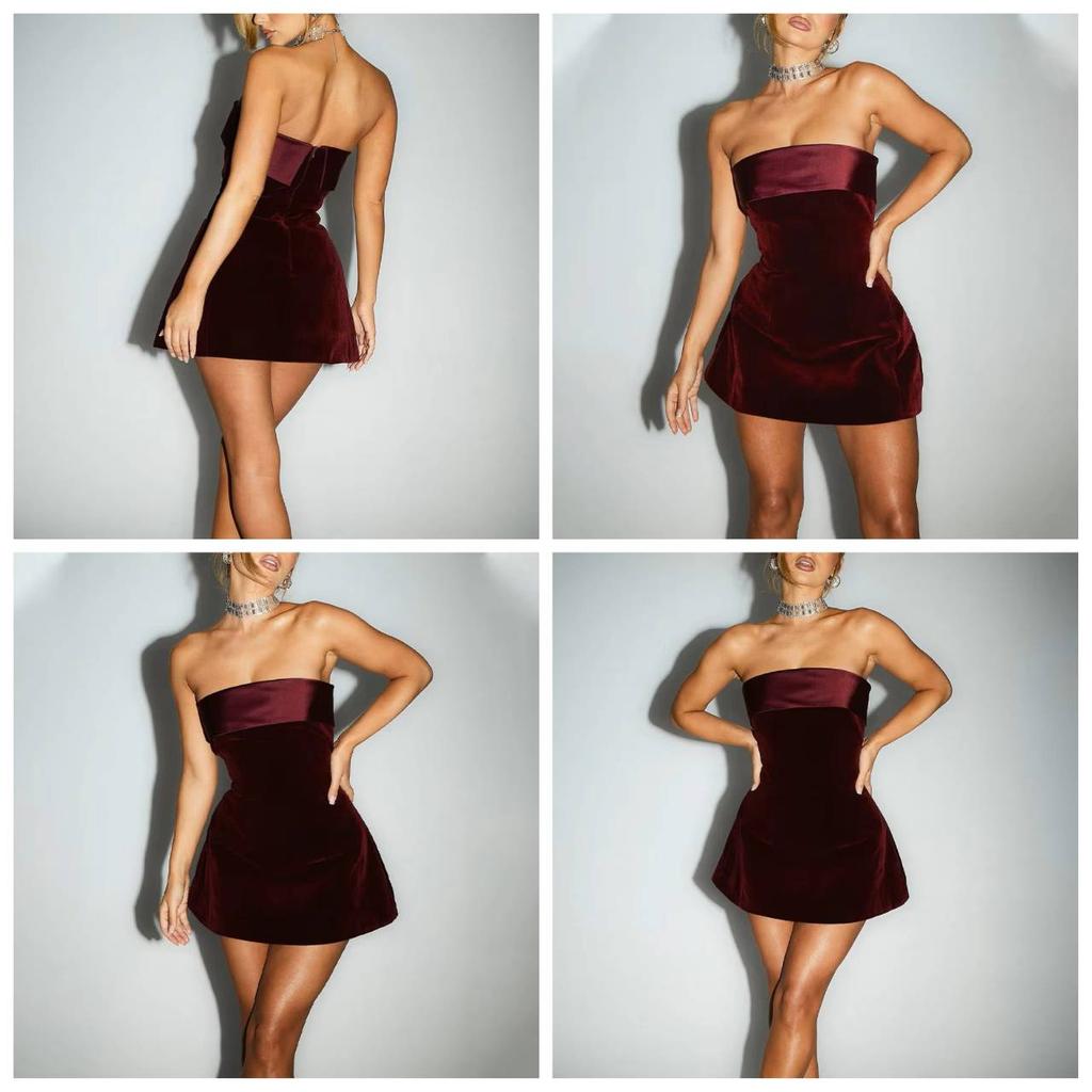 Eleganter U-Boot-Ausschnitt Sexy Rückenfrei Ärmellos Trägerlos Einfarbig Sexy A-Linien Mini-Kleid Schulterfrei Figurbetont Retro Partykleidung Clubwear Damen