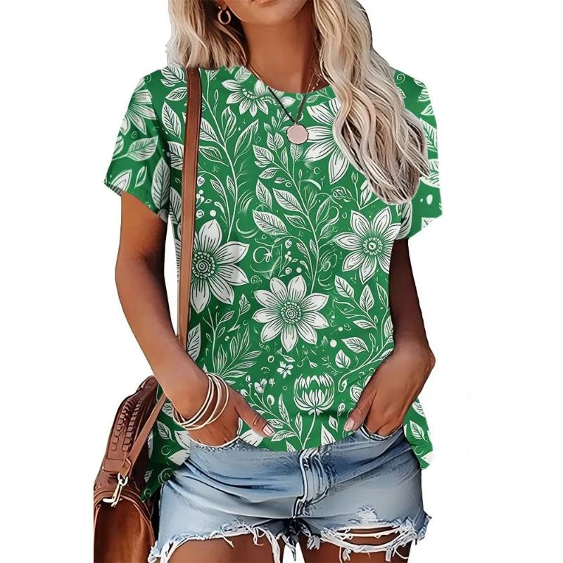 Moda para Mujer Cuello Redondo Manga Corta 3D Casual Estampado a Color Camiseta Casual de Manga Corta con Cuello Redondo