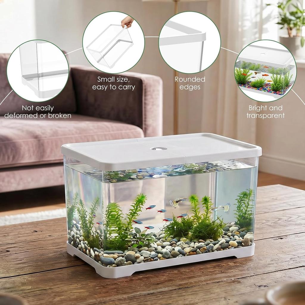 Acquario di Plastica da 2 Galloni con Foro di Scarico - 30x19x17cm Acquario Rettangolare Piccolo Antirottura per Pesci Betta & Guppy - Terrario Trasparente da Scrivania