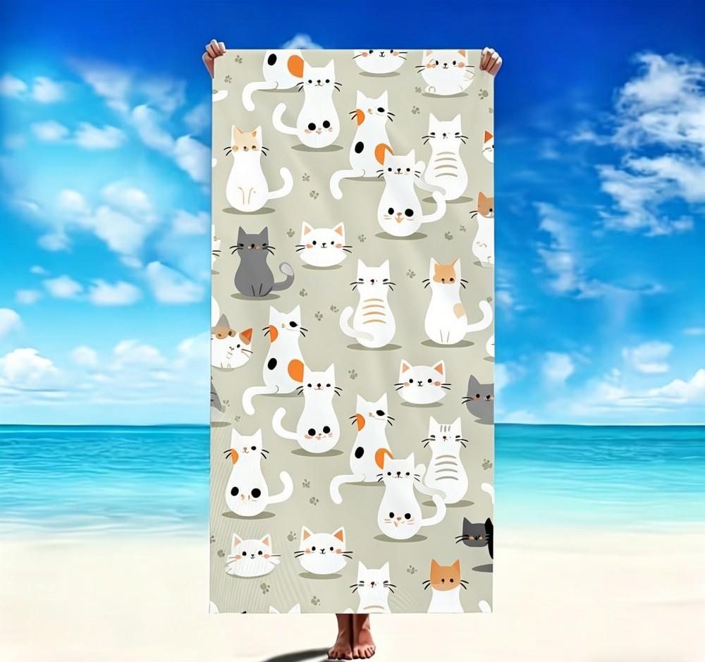 Oversized Cute Cat Beach Towel XL Cartoon Kitten Pool Blanket Large Bath Towels for Cat Lovers Summer Vacation Travel Essentials