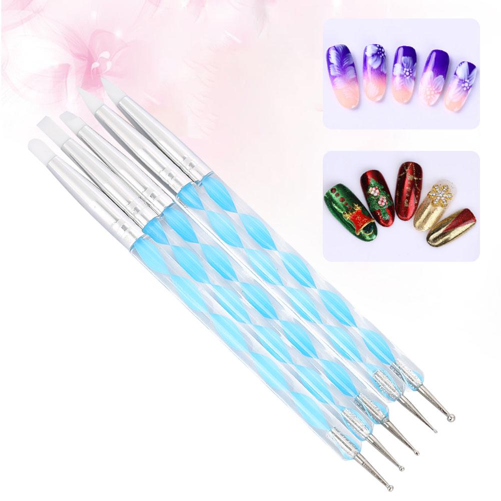 5pcs Dual ended Carving Sculptur Pen Set Silicone Head Dotting Pen Manicure Nail Art Tool Pink