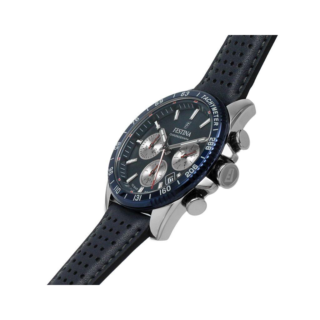 FESTINA Nadčasový kožený řemínek s chronografem modrý ciferník Quartz F20561-2 100M pánské hodinky