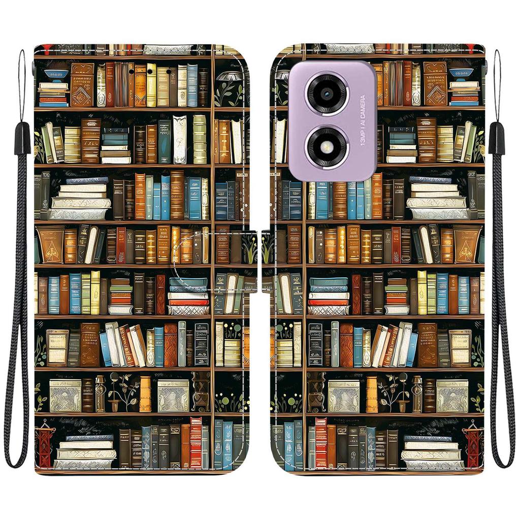 Handmade PU Leather Flip Case for Motorola Moto G04s / Moto E14 Anti-Slip Shockproof Cover with Wrist Strap & Heart/Rose Cat Designs