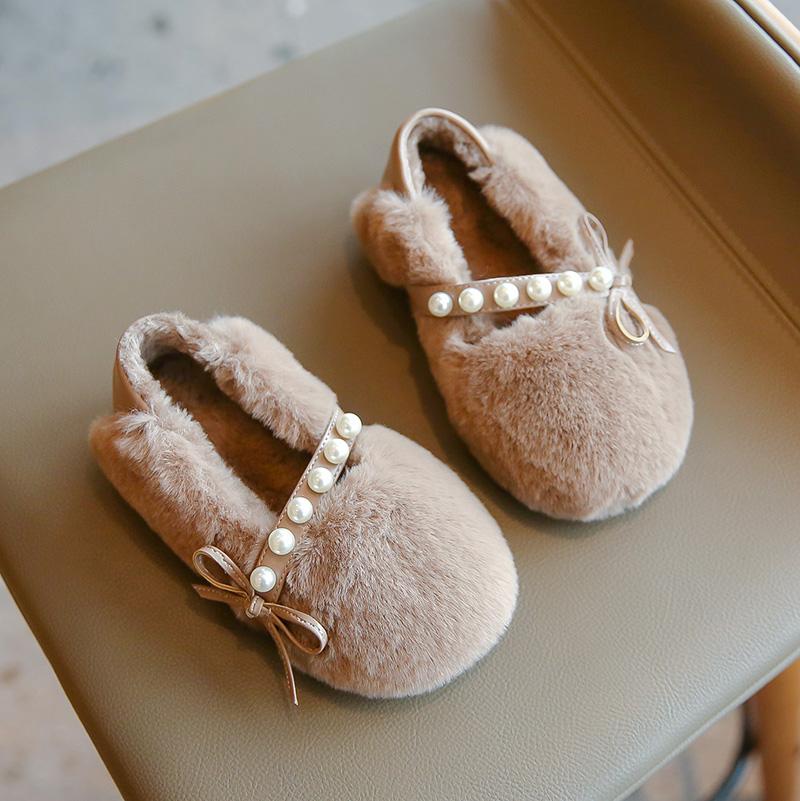 New Kids' Winter Shoes Warm Plush Girls Causal Princess Cotton Shoes Fashion Bowtie Children's Soft Moccasin Flat Shoes Simple