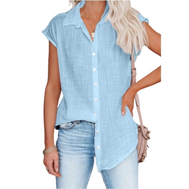 Sommer Damen Einfarbig Einreihig Hemd Damen Lässig Revers Kurzarm Bluse Top