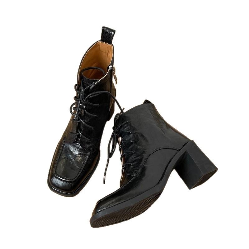 Sektor publiczny ciche dno miękka skóra botki martin damskie gruby obcas wysoki obcas sznurowane krótkie botki kwadratowy nosek wysoki obcas krótkie botki jesień