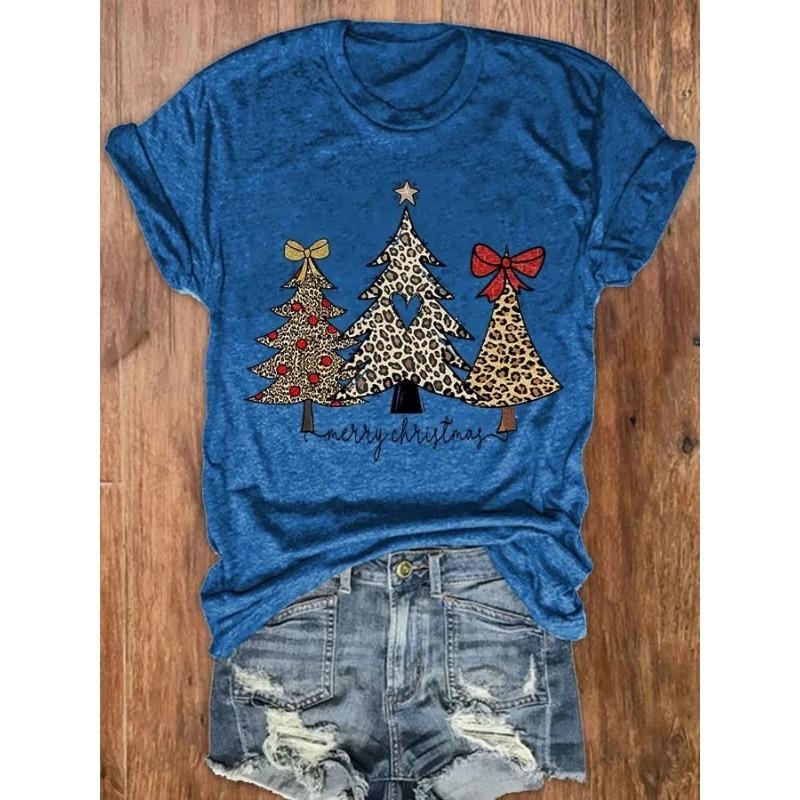 Letní dámská trička s krátkým rukávem, módní, ležérní, s 3D potiskem vánočního stromku a kulatým výstřihem