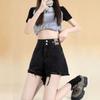 Black Rough-edged Denim Shorts for Women's Summer, New Double-buckle Design High-waisted Loose A-word Wide-leg Hot Pants