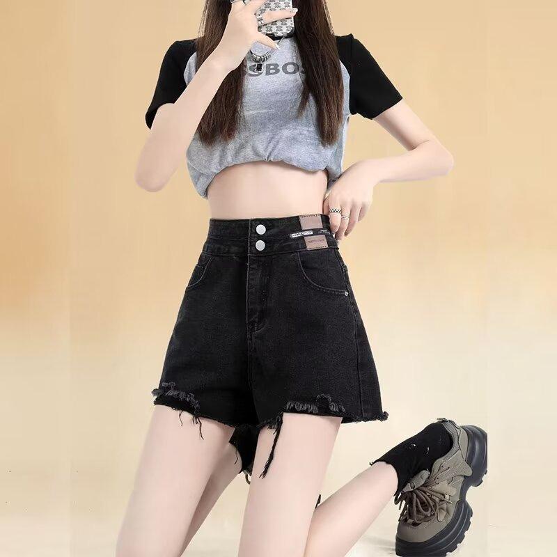 Black Rough-edged Denim Shorts for Women's Summer, New Double-buckle Design High-waisted Loose A-word Wide-leg Hot Pants