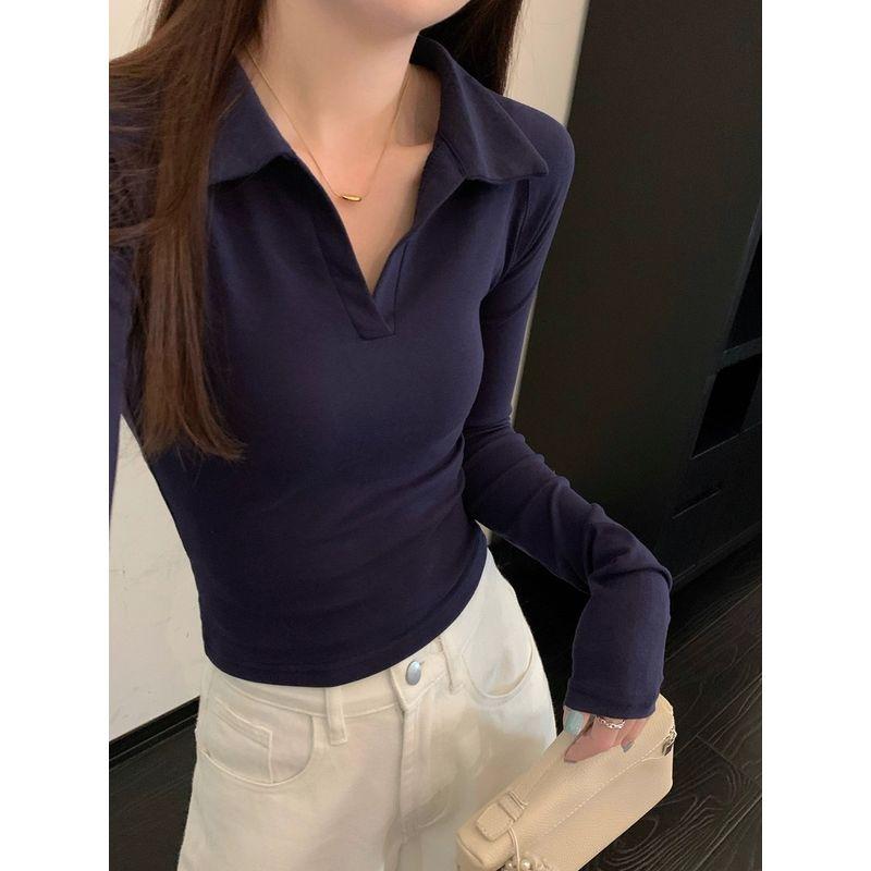 Kumikumi Gyaru Style Polo Collar Solid Long sleeves Shirt Women clothes Autumn Chic Age-Reducing Slimming Slim fit Top
