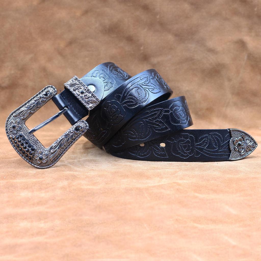 Men's Retro Genuine Leather Embossed Belt with Copper Pin Buckle for Business Casual or Jeans