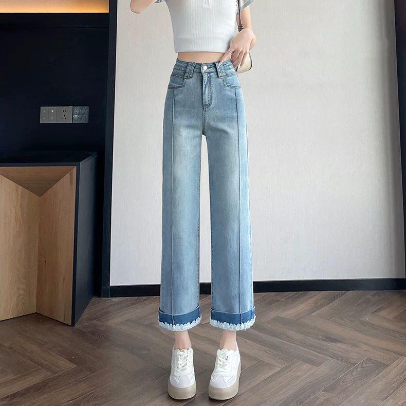 

Women s Summer 2026 Lace Trim Baguette Jeans with Embroidered Patchwork: Petite, Slim Fit, 7/8 & 9/10 Lengths XS