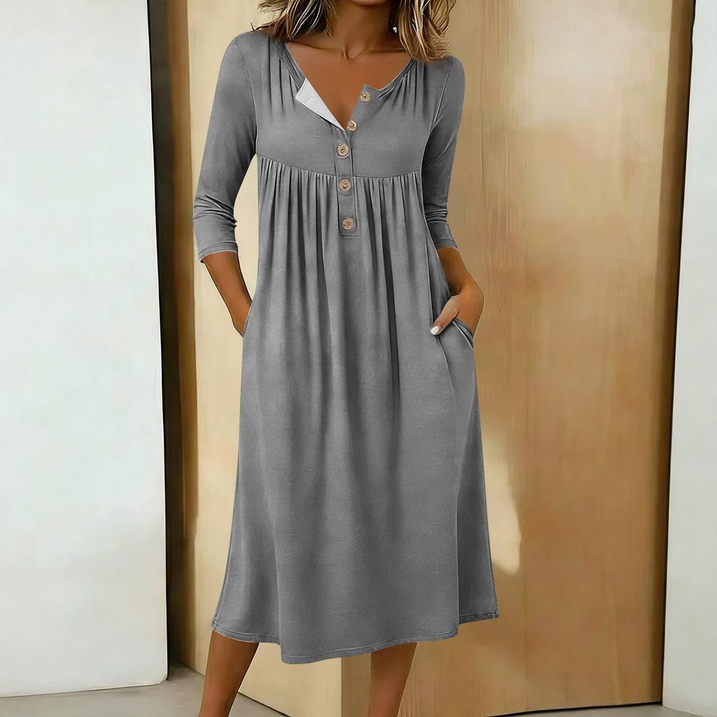 Damen Lässiges Midikleid mit 3/4 Ärmeln und Knöpfen