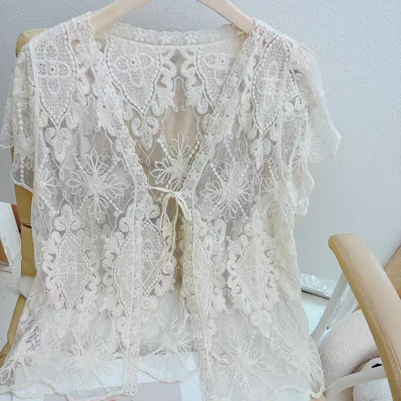 DIMANAF 2025 Summer Women O-Neck Lace Short Cardigan T-Shirt Basic New Fashion Tops Lace Tees Casual Loose Tees