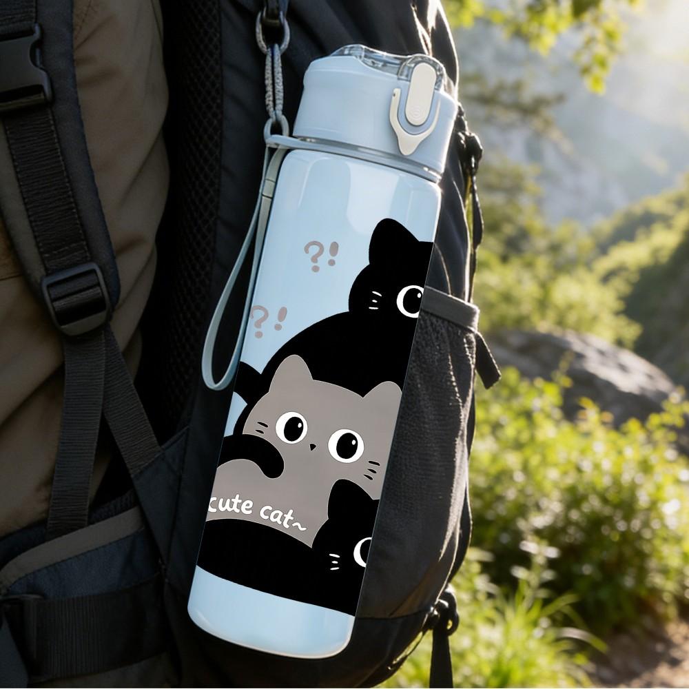1PC Stacked Cute Black Cat Cartoon Print 750ml Color Plastic Sports Water Bottle Leakproof Flip Straw Lid Suitable for Sports Office Home Use