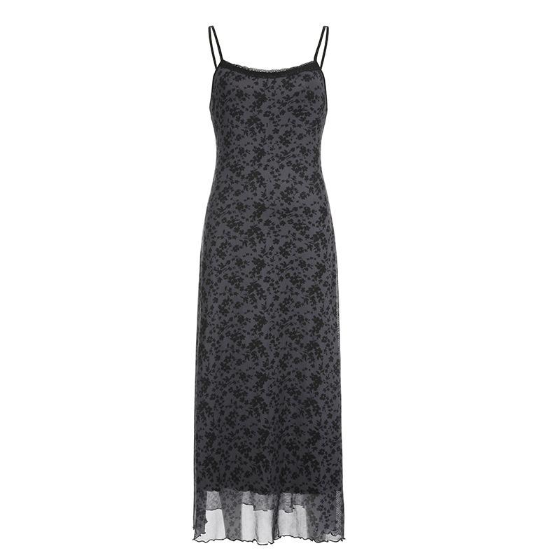 Spice girl street dark wind lace splicing retro floral mesh suspender dress female design feeling waist and thin S