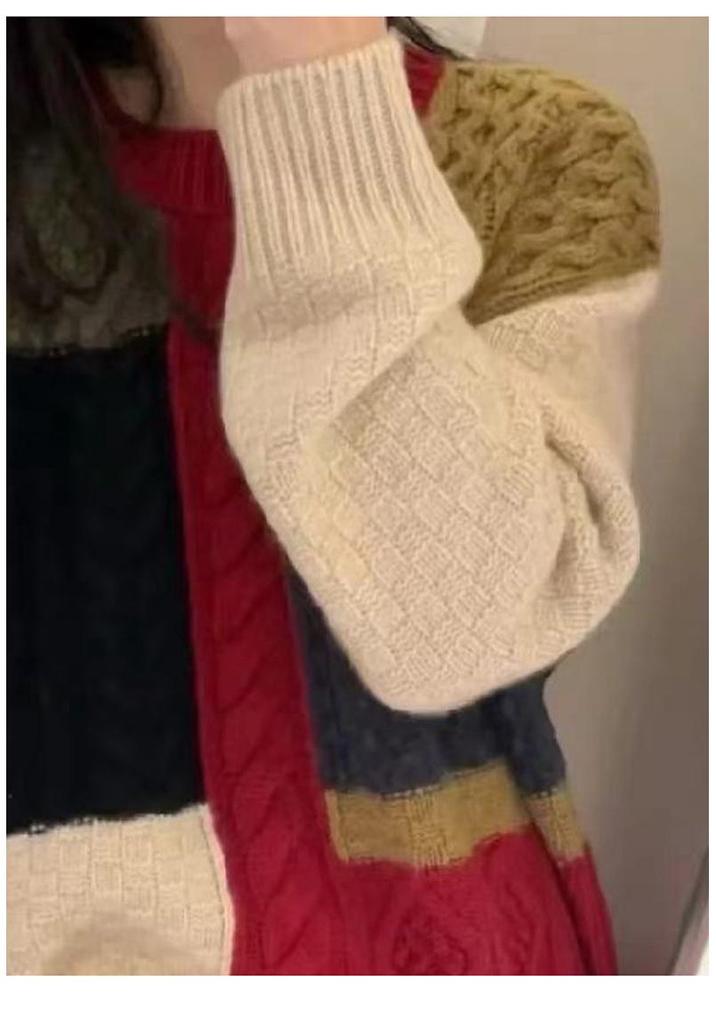 Women's Wool Sweater: Color Block, Korean Style, Round Neck, Long Sleeve Knitwear for Autumn/Winter