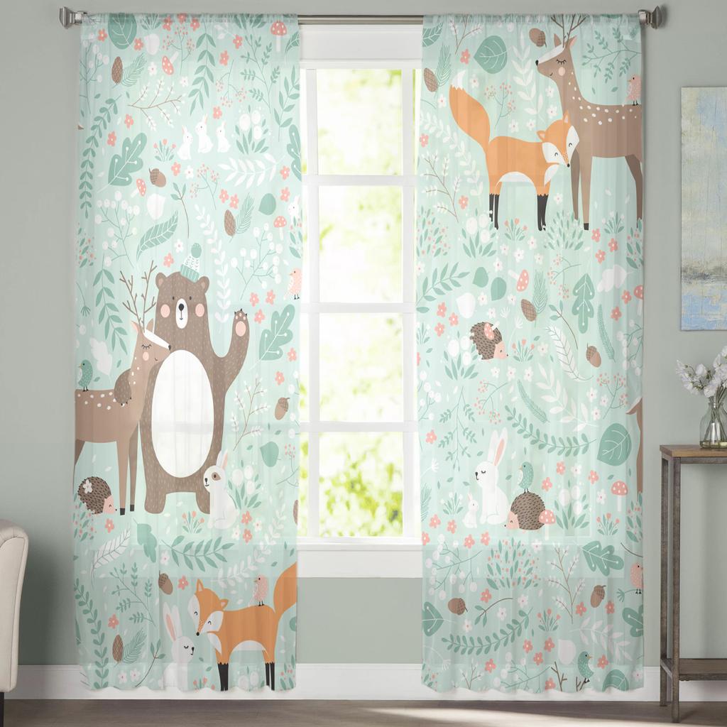 Forest Animal Cartoon Fox Deer Bear Tulle Sheer Window Curtains for Living Room Kitchen Children Bedroom Voile Hanging Curtain