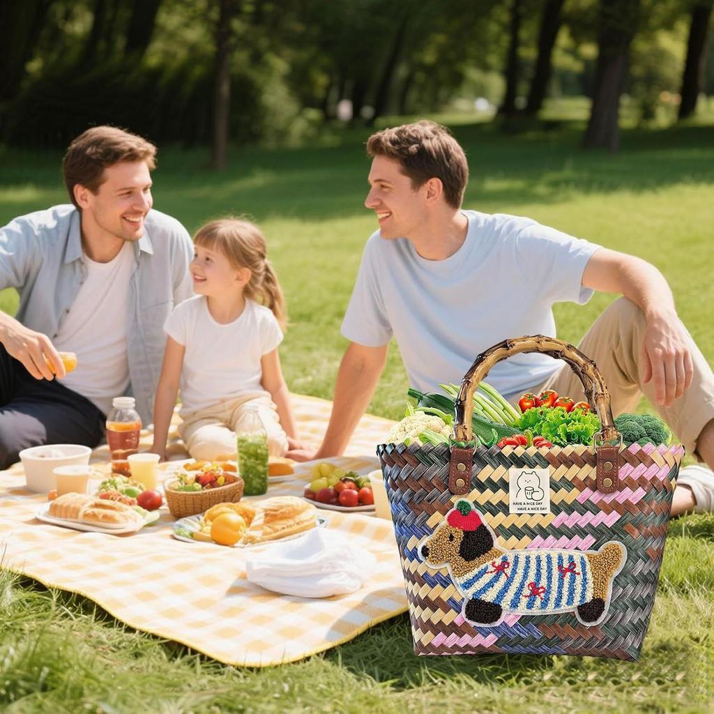 Straw Beach Tote Dachshund Straw Shopping Bag Woven Handbag Shopping Basket For Work Travel Outdoor Picnic Wedding Dates
